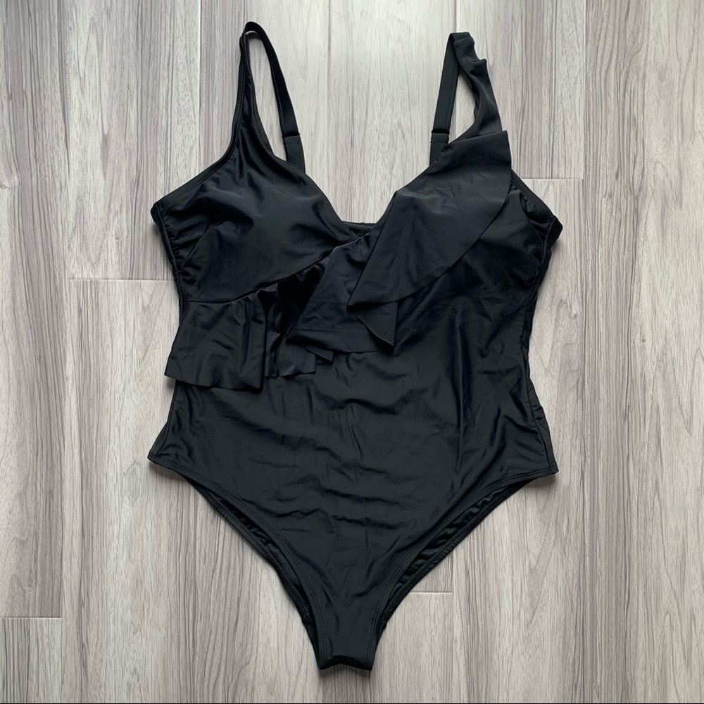 NWOT Kona Sol Black Ruffle 1 pc Swimsuit